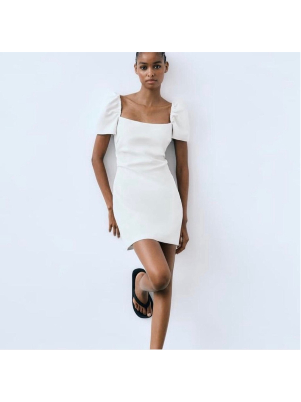 ZARA White Puff Sleeve Mini Dress S Cotton Open Back Minimalist Party Summer